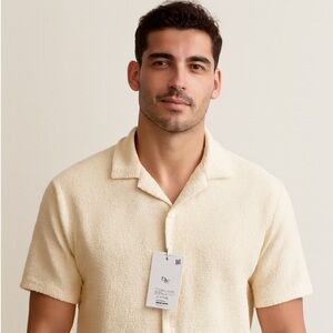 Denim & Flower Off-White Textured Button up short sleeve Shirt